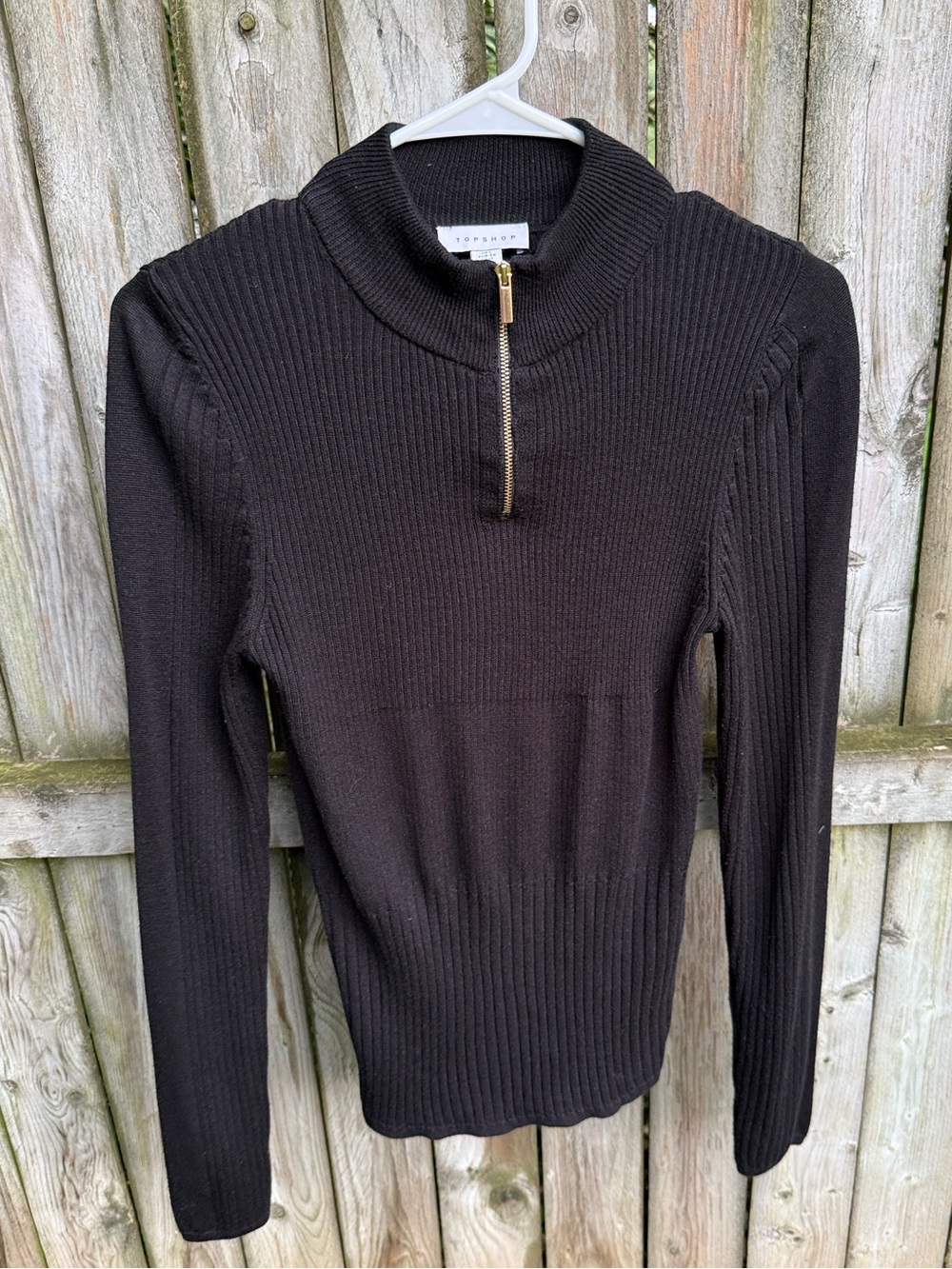 Topshop Black Zip Up Knitted Top quarter half zip ribbed fitted academia L 12